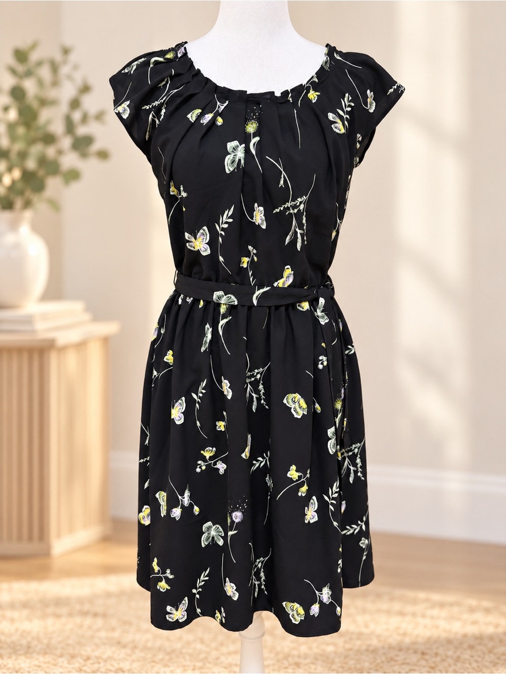 LC Lauren Conrad Black Floral Belted Casual Dress with Yellow Accents